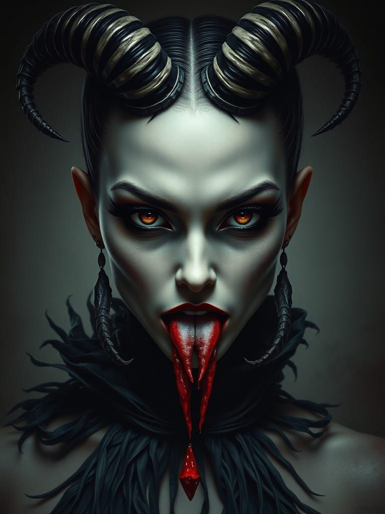 Dark Hellish Female Entity with Hypnotic Eyes and Twisted Ho...