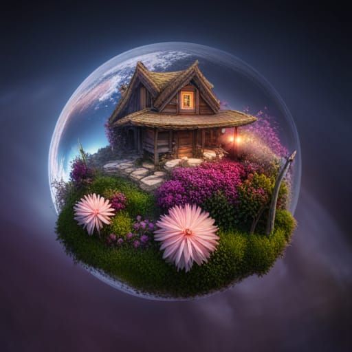 Fantastical Tiny World Atop a Flower, Detailed Digital Art