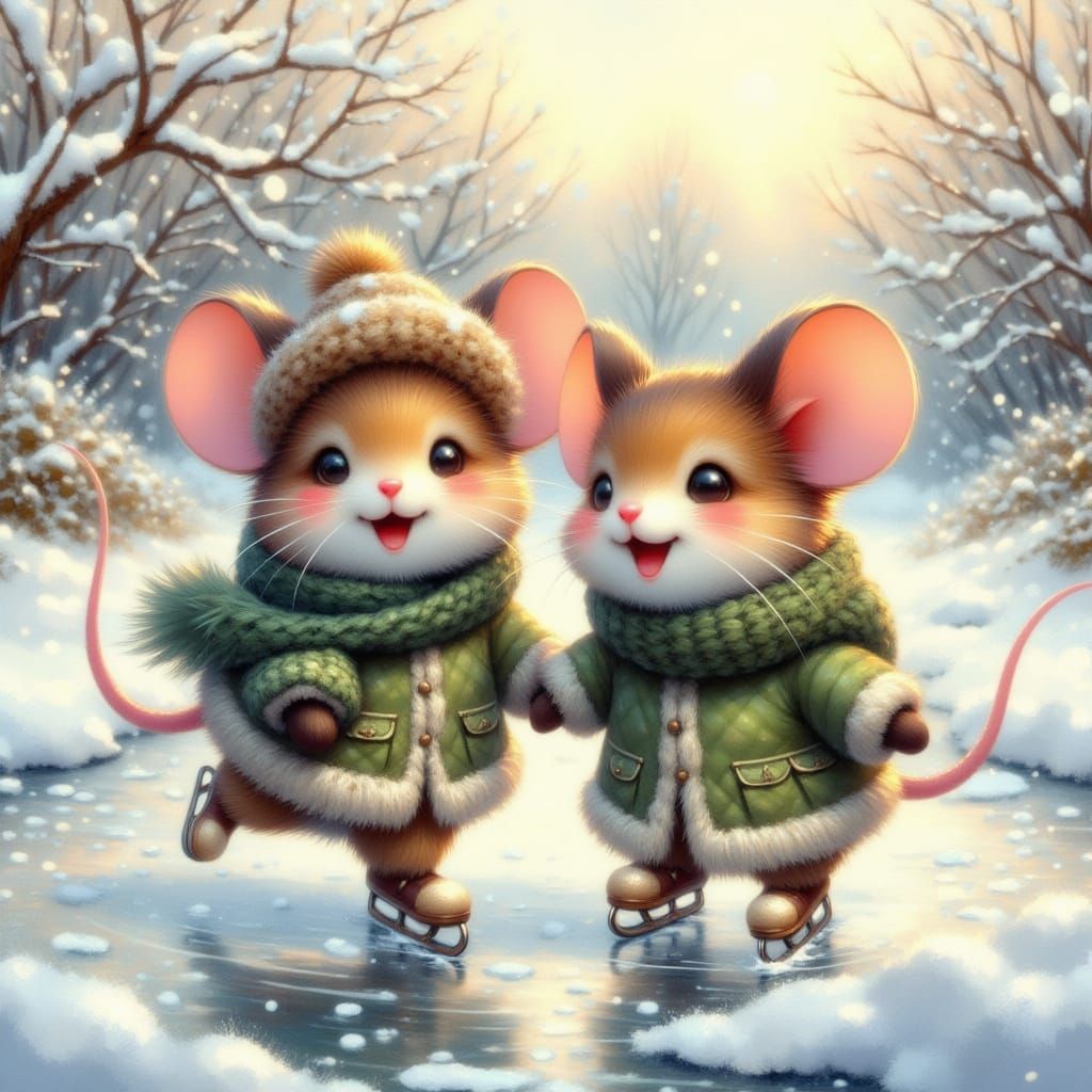 Two Mice Ice Skating in Winter Jackets