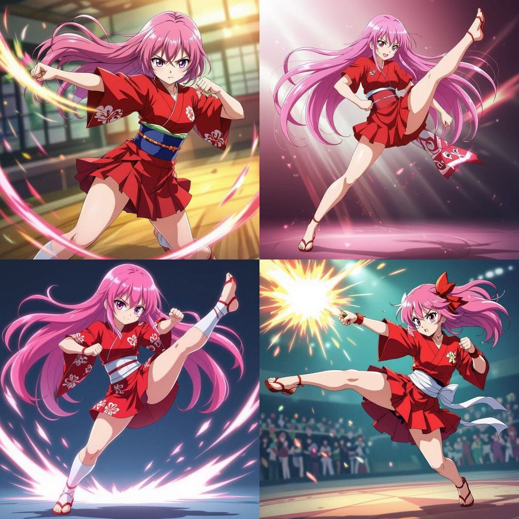 Anime Girl in Red Kimono Performing Powerful Kick