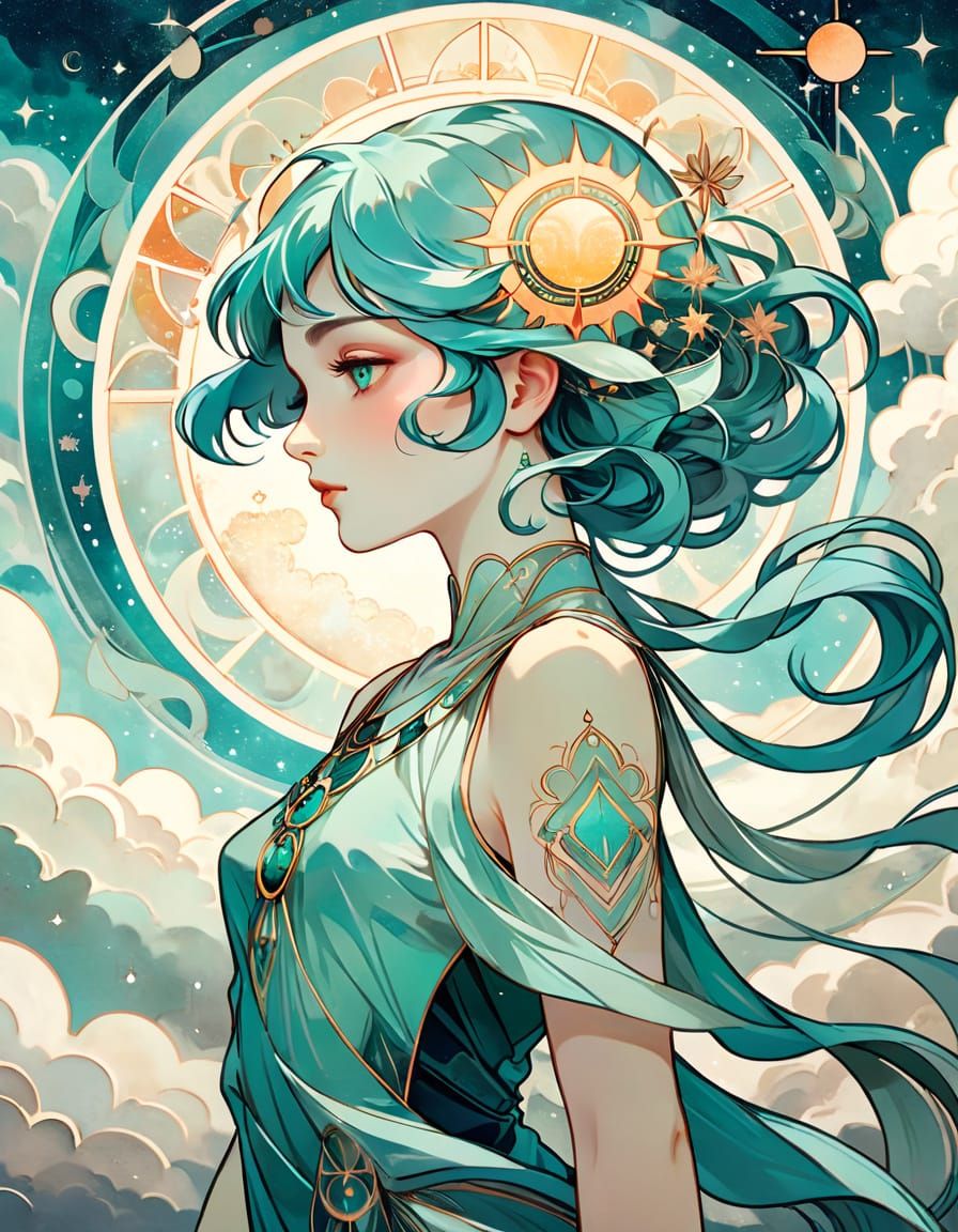 Art Deco Woman with Teal Hair and Celestial Markings