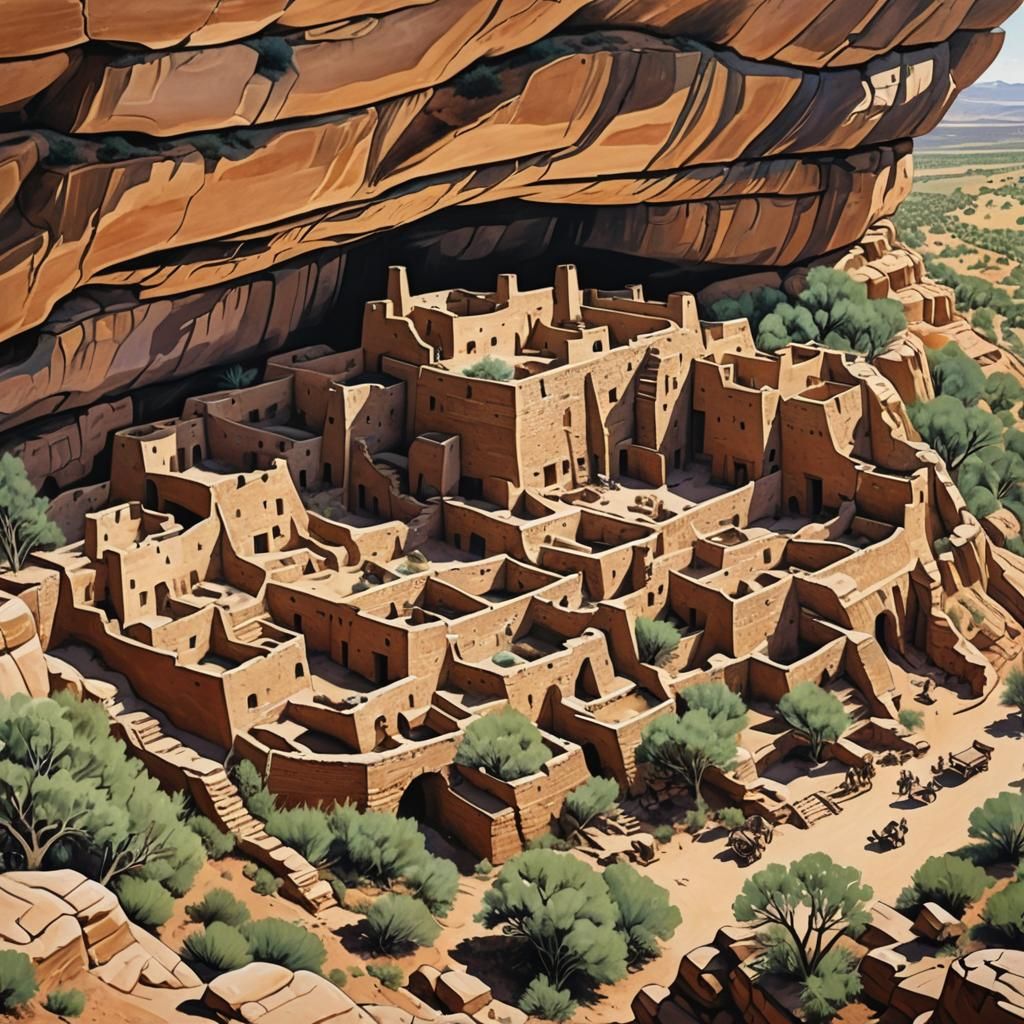 Inhabited Mesa Verde Pueblo: Gouache Painting