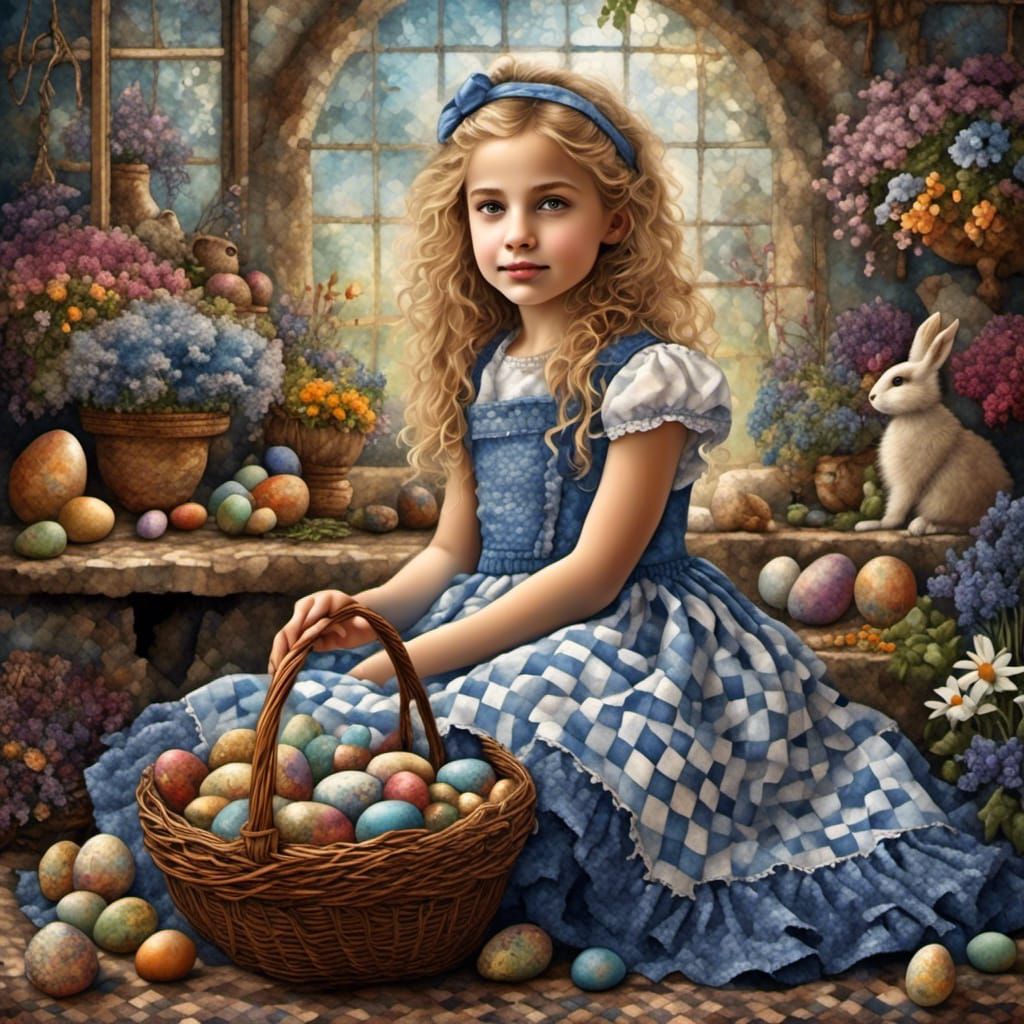 Girl in Spring Garden Tapestry with Easter Basket