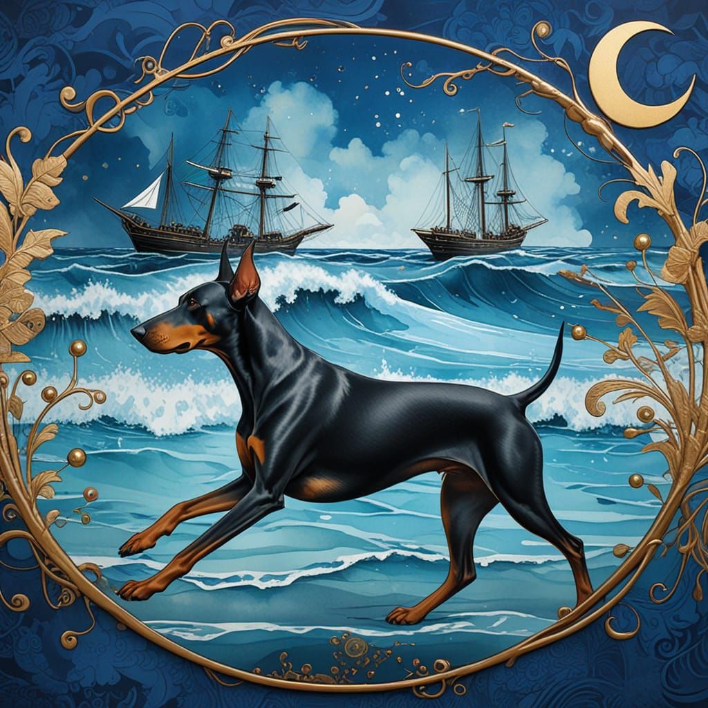 Majestic Doberman Runs Along Seashore in Whimsical Watercolo...