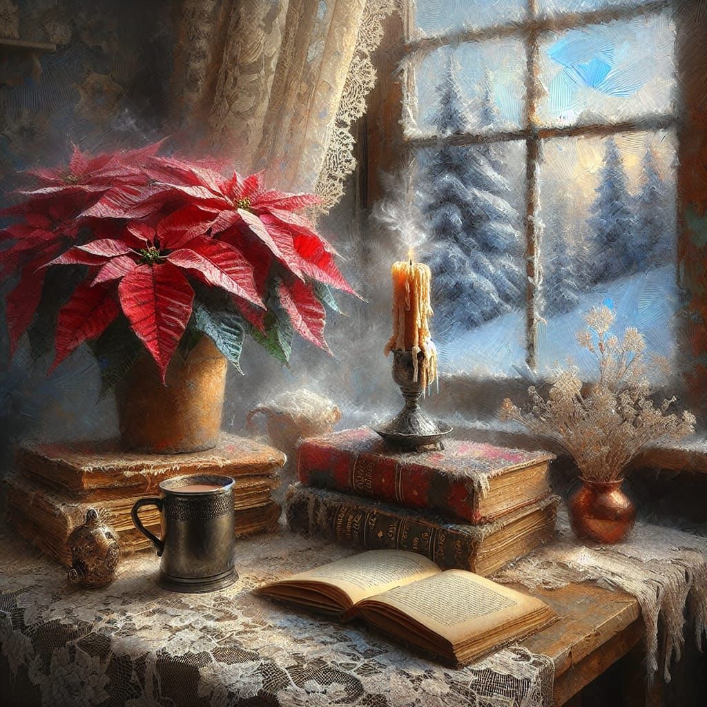Vintage Winter Scene with Oil Painting Brushstrokes and Deli...