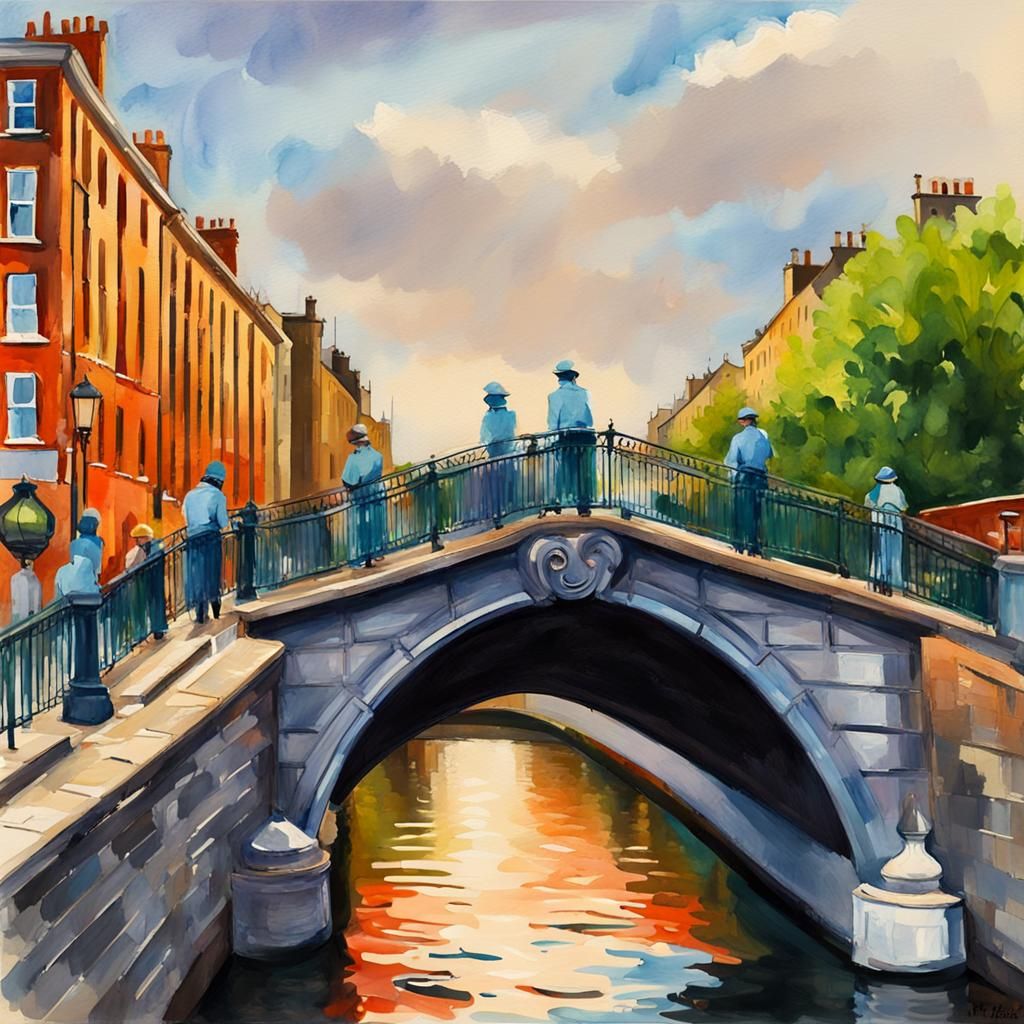 Halfpenny Bridge Dublin: Gouache Watercolor Impressionist Ma...