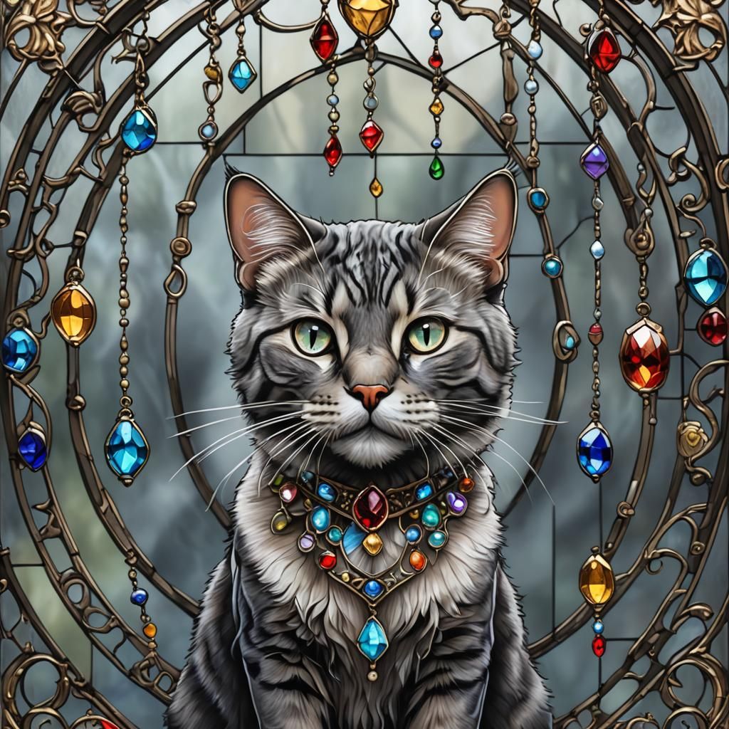 Intricate Cat with Gems and Stained Glass