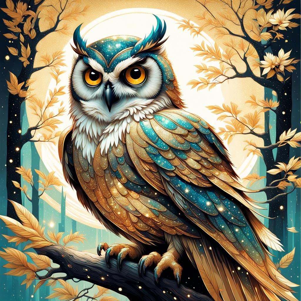 Glitter Owl on Branch in Fantasy Art Style