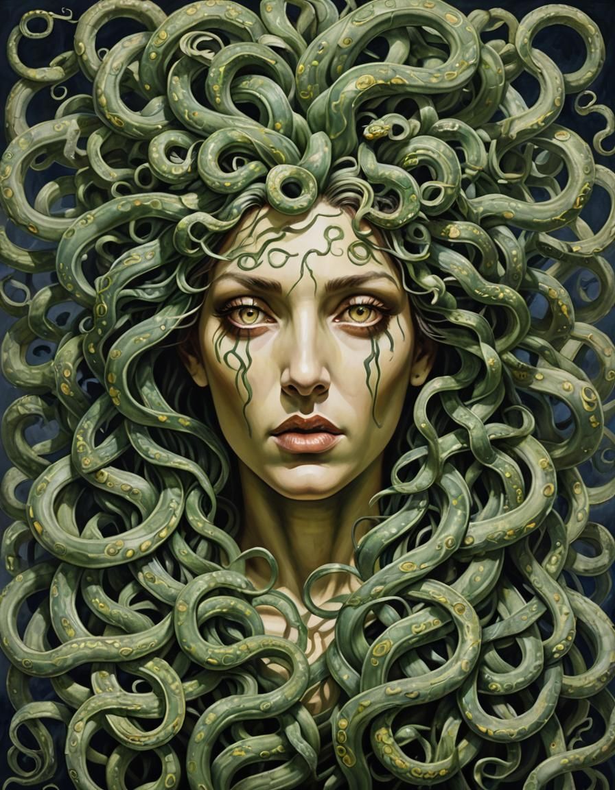 Detailed Painting of Medusa with Serpentine Hair