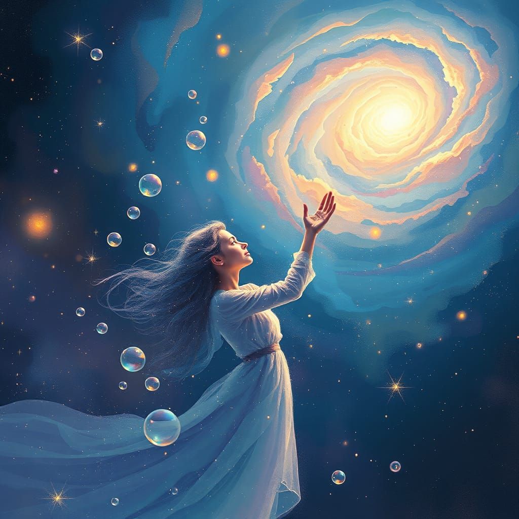 Ethereal Woman Dissolves into Cosmic Bubbles