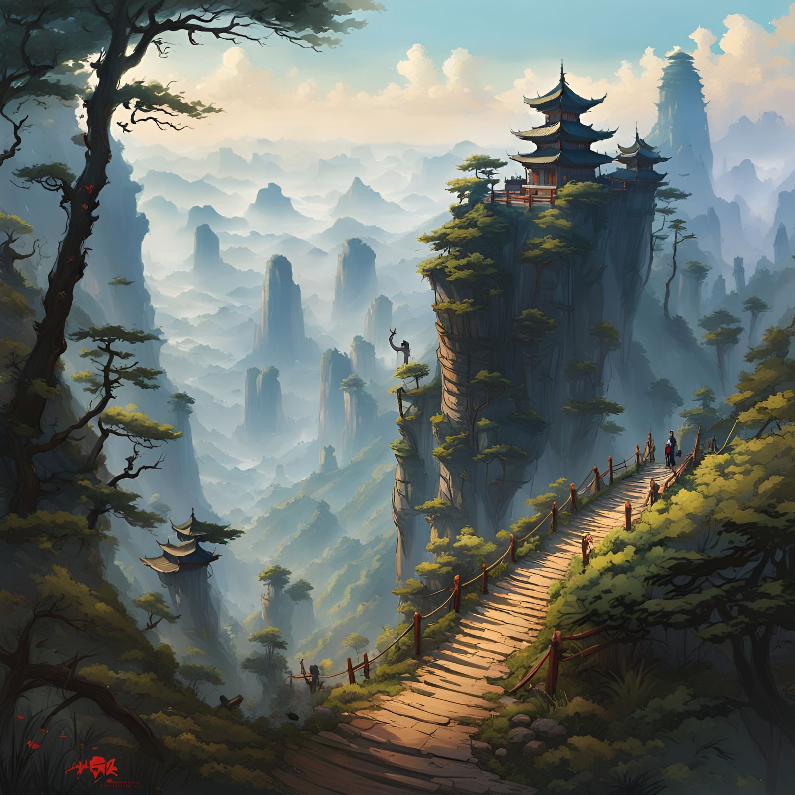 Tianzi Mountain Path in Hyperrealistic Fantasy Art Style