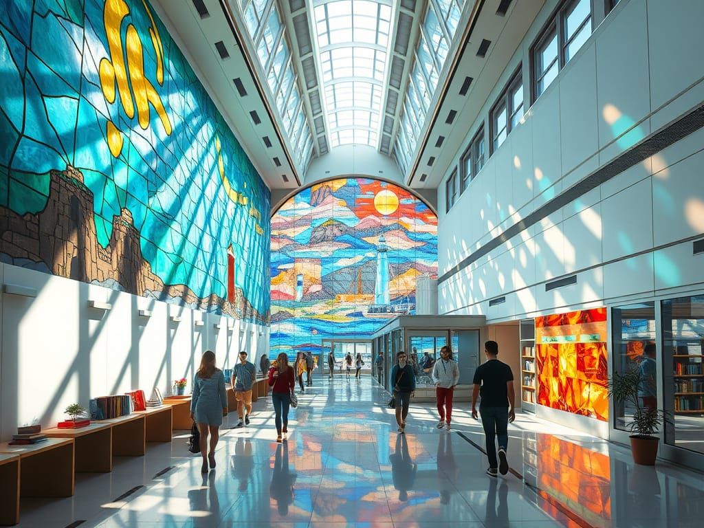 Futuristic School Atrium with Stained-Glass Mural
