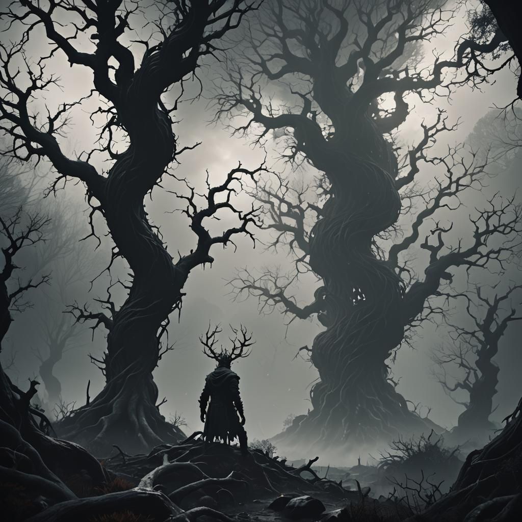 A Lone Figure Adrift in Dark Fantasy Abyss