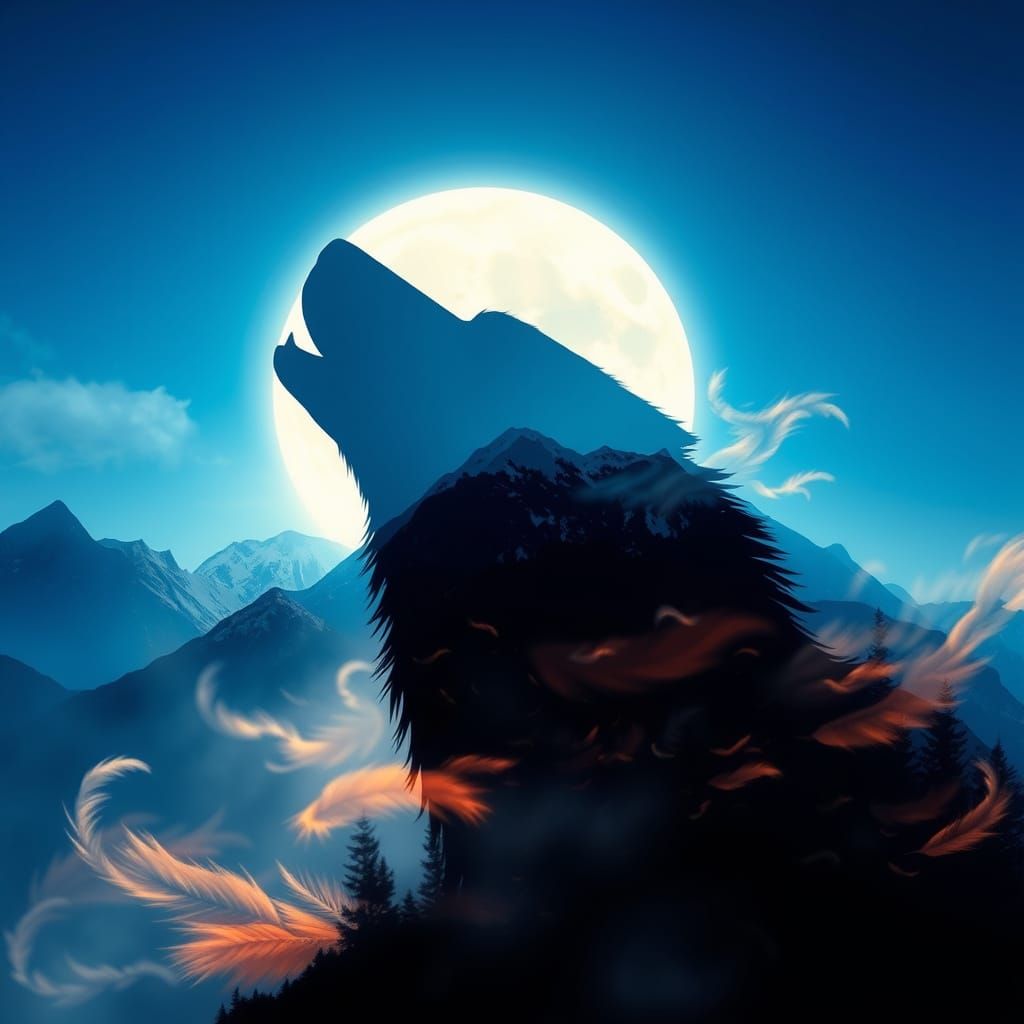 Wolf Silhouette Merges with Ethereal Mountains under Glowing...