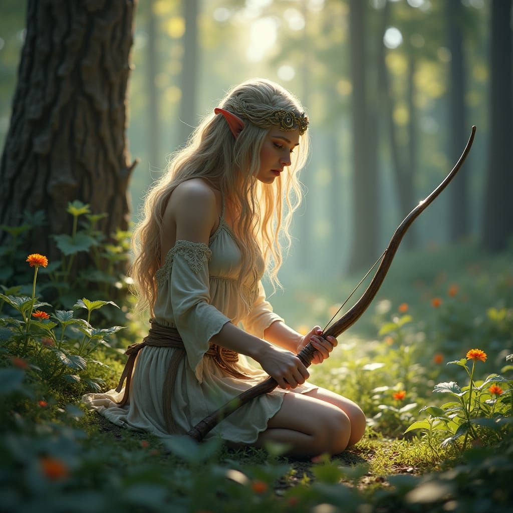 Ethereal Elven Huntress in Whimsical Forest Glade