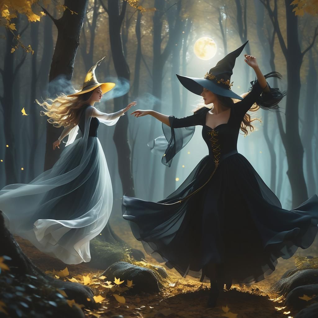 Ethereal Witch Dances with Ghost in Moonlit Forest