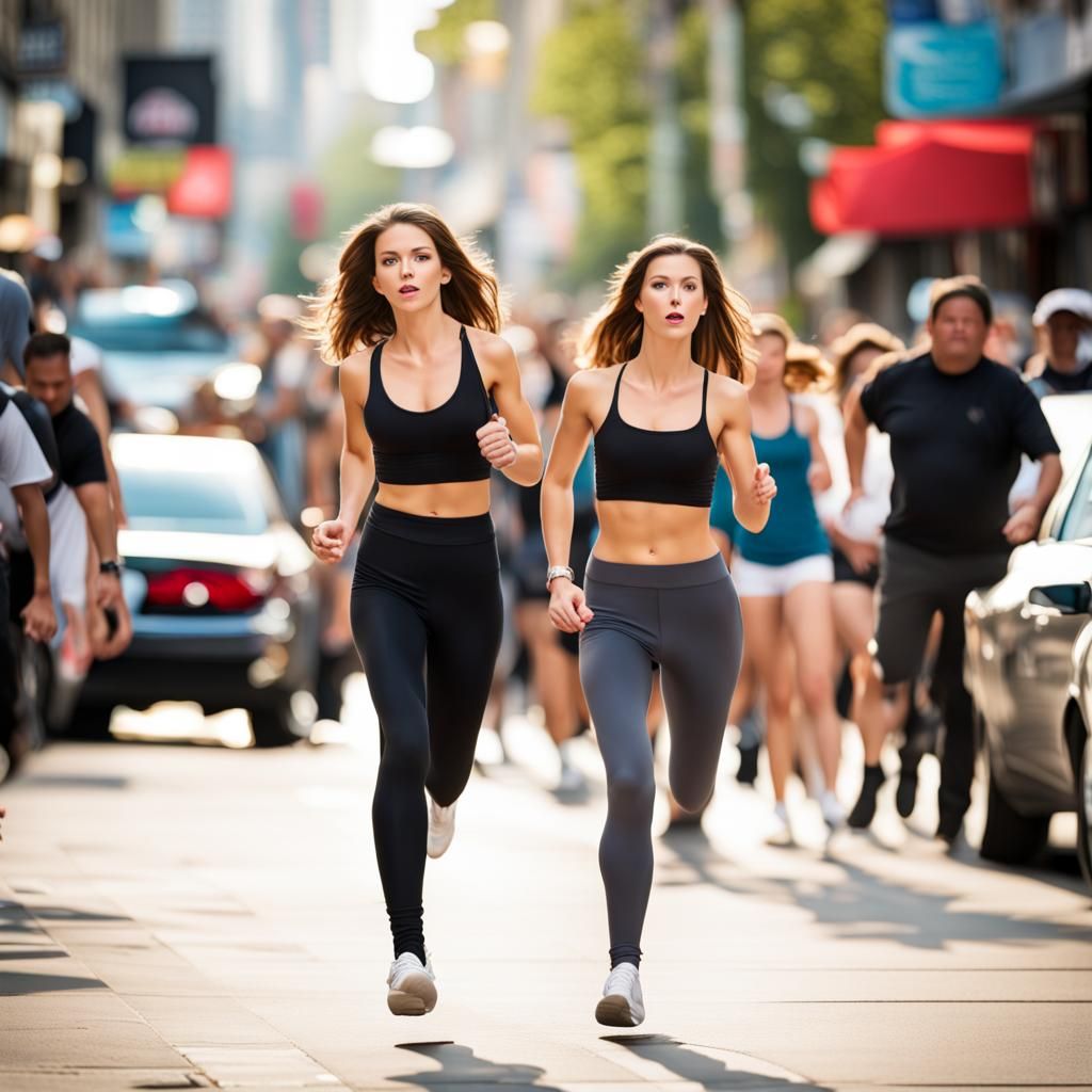 Woman Running Through Crowded Sidewalk