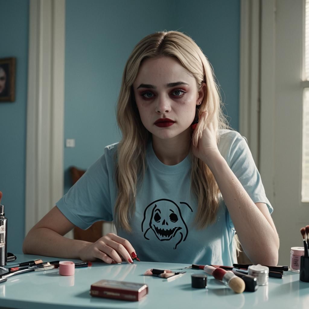 Teenage Girl Applying Makeup in a Sky Blue Bedroom