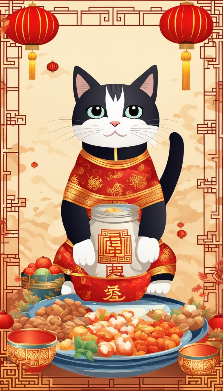 Cozy Chinese New Year Cat Kitchen Scene