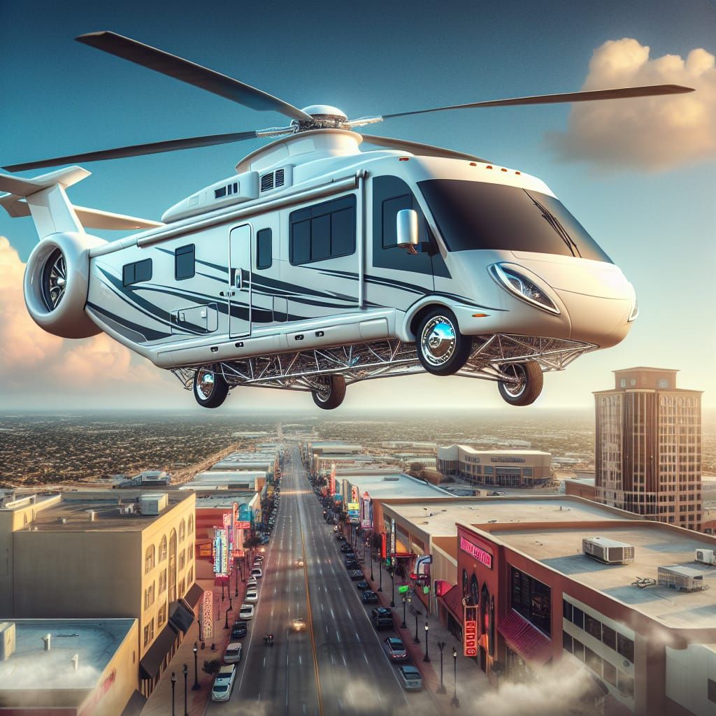 Extravagant Flying Motorhome Hovering Over Bustling Town