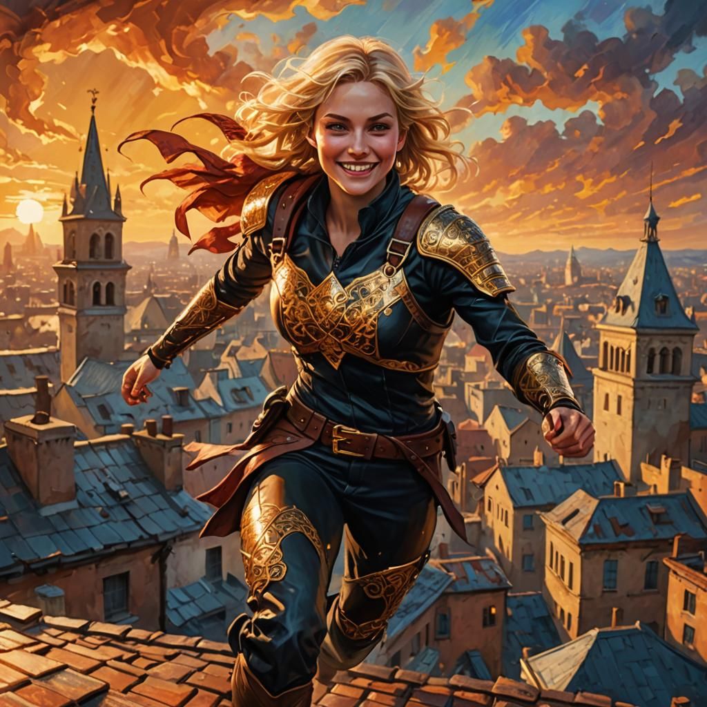Blonde Thief's Rooftop Escape: Fantasy Oil Painting