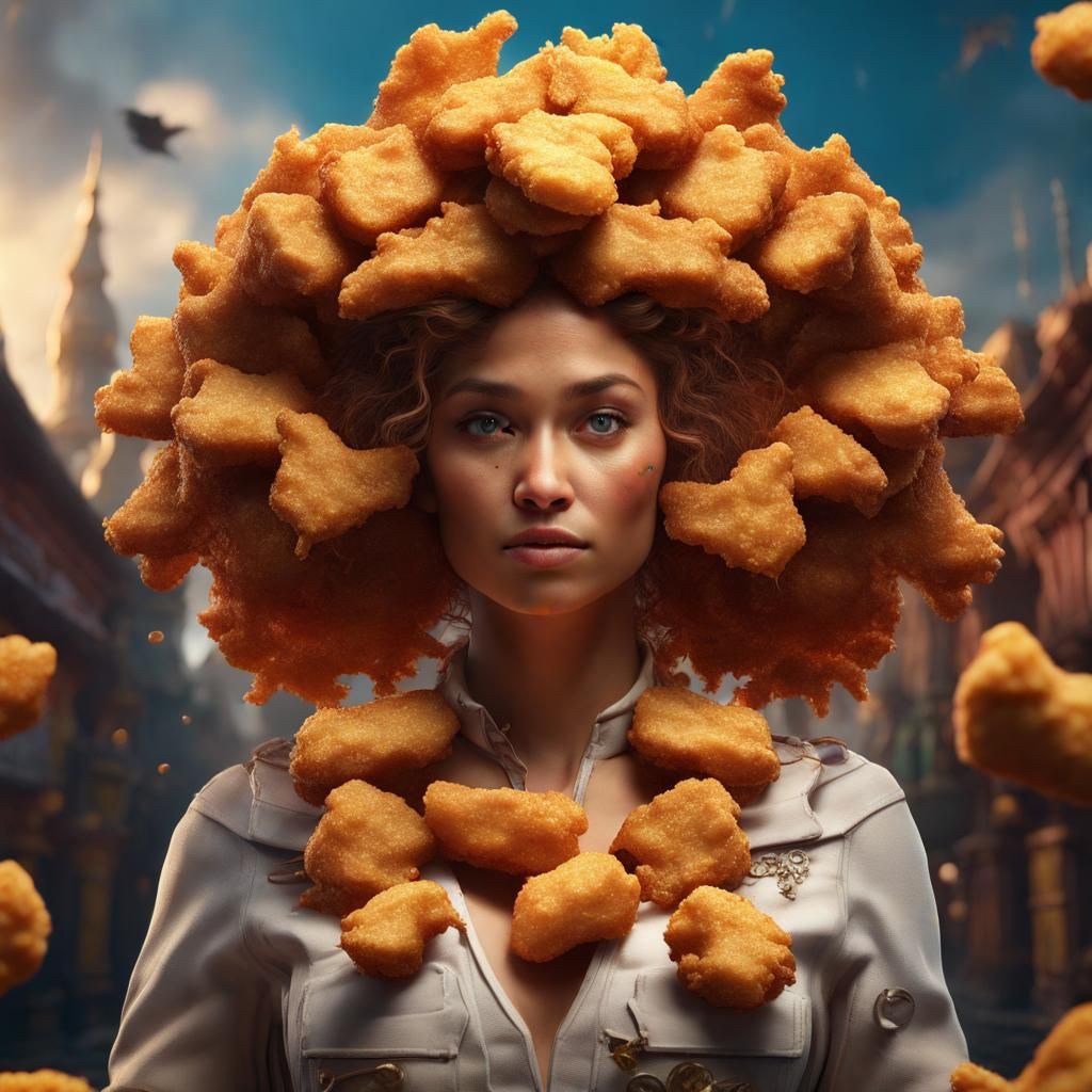 Woman Made of Chicken Nuggets: Detailed Matte Painting