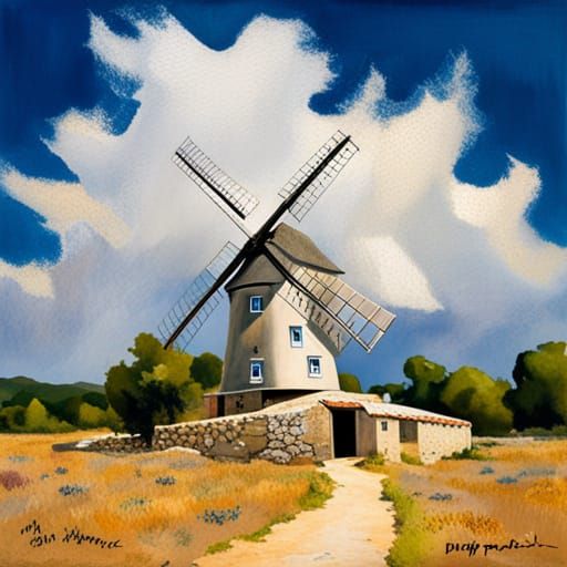 Provençal Windmill Under Cloudy Sky, Hyperrealistic Style