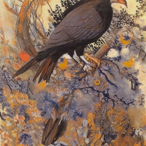 Surreal Landscape with Wolves and Crows, in the Style of Cub...