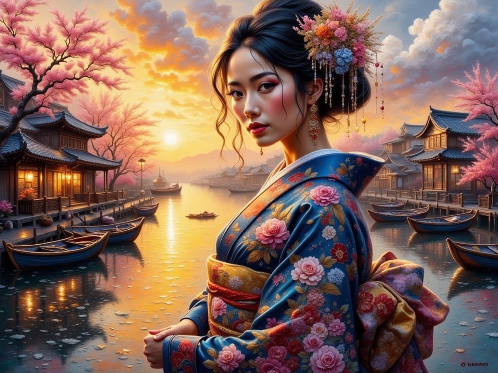 Impasto Oil Painting of a Japanese Samurai Lady in Tradition...