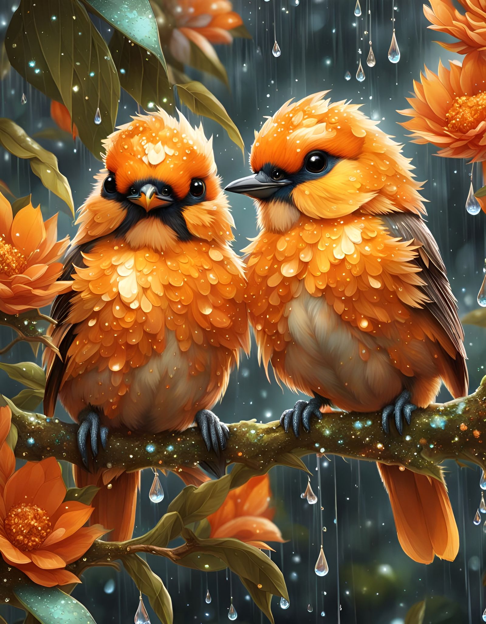 Orange Birds in the Rain