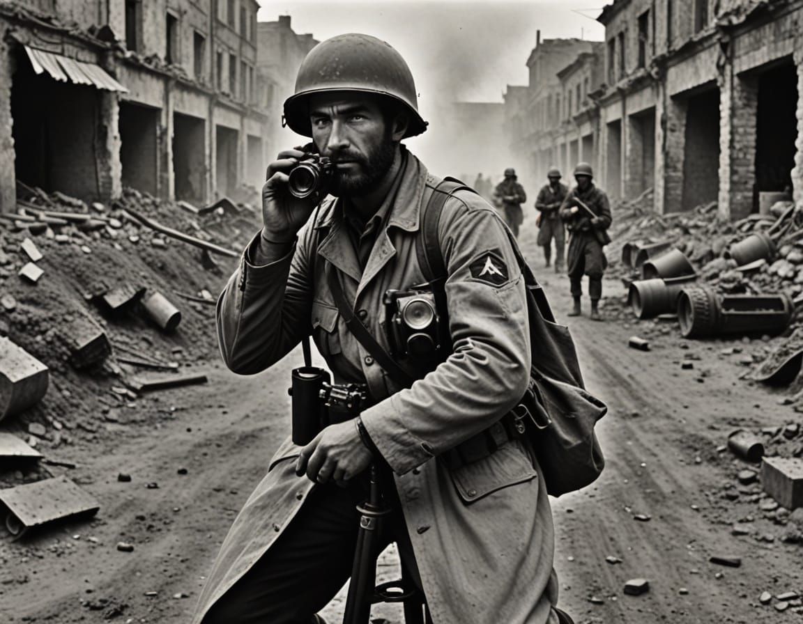War Photographer in Combat Zone, Vintage Black and White
