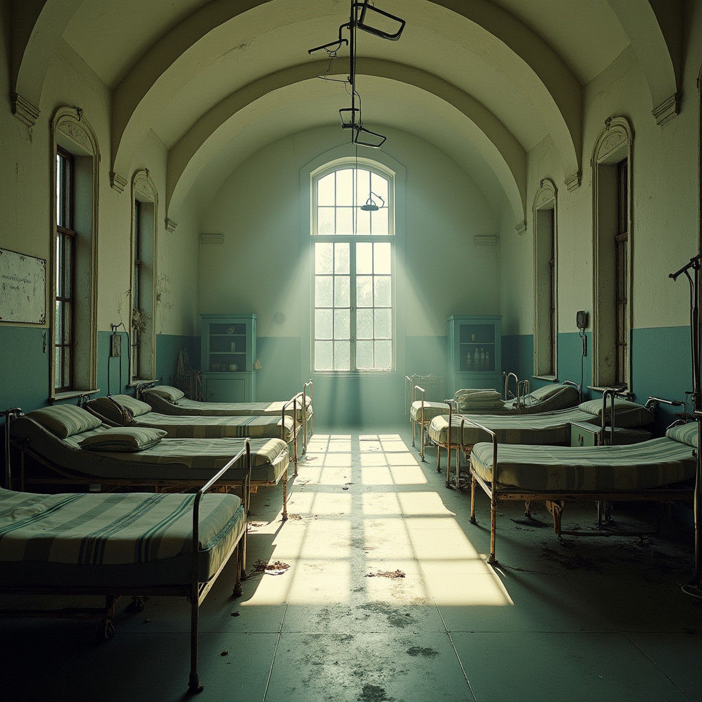 Abandoned 1940s Medical Pavilion: Cinematic Film Still