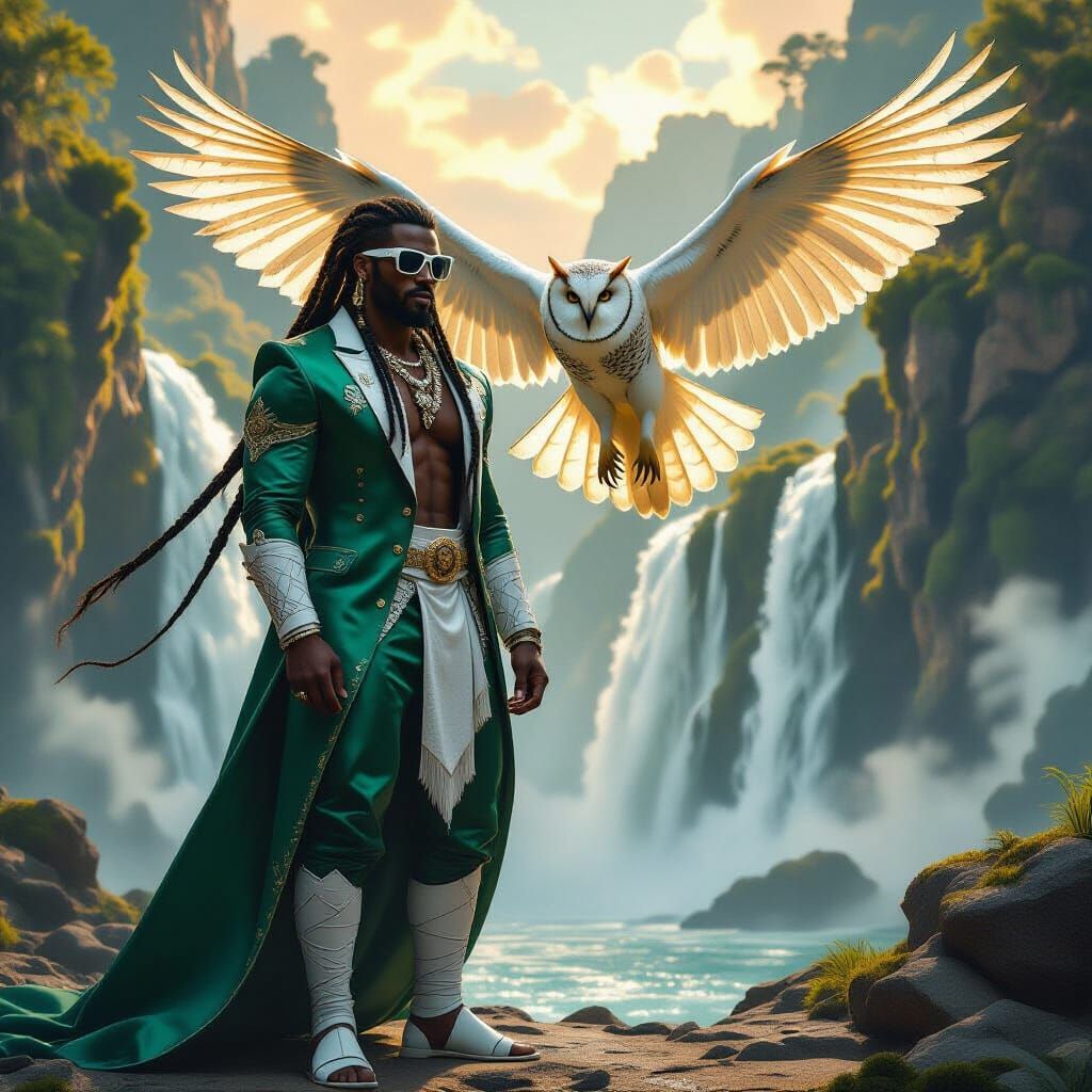 African Warrior with Owl Near Waterfall, Cinematic Digital A...