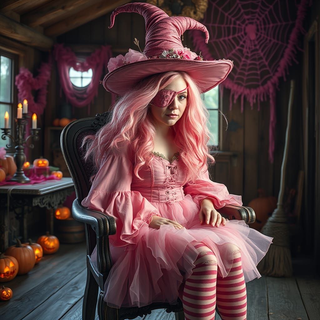 Pink Halloween Witch in Cozy Cabin