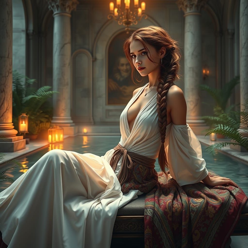 Medieval Bath Scene of Woman in Ethereal Light