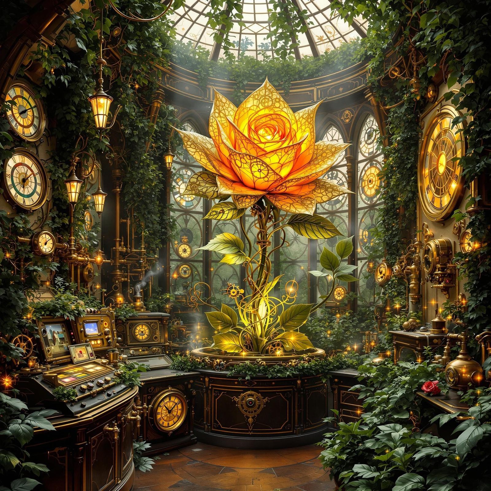 Steampunk Sanctuary with Mechanical Greenhouse Radiating War...