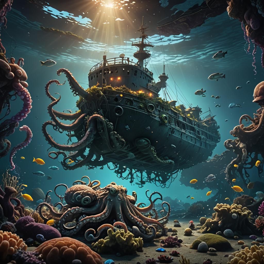 Sunken Warship in Vibrant Ocean Depths