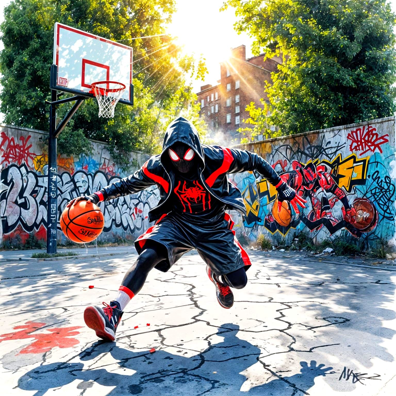spider man playing basketball