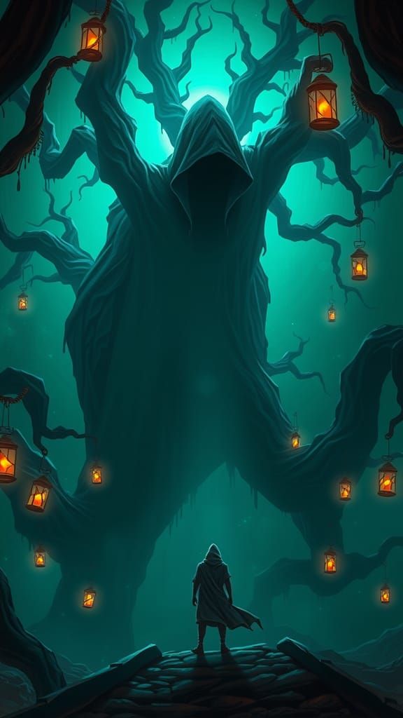 Mystical Figure in Emerald Mist of Eternal Darkness