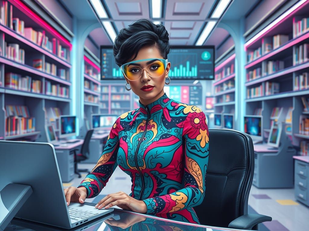 Retrofuturistic Librarian in Oil Painting Style