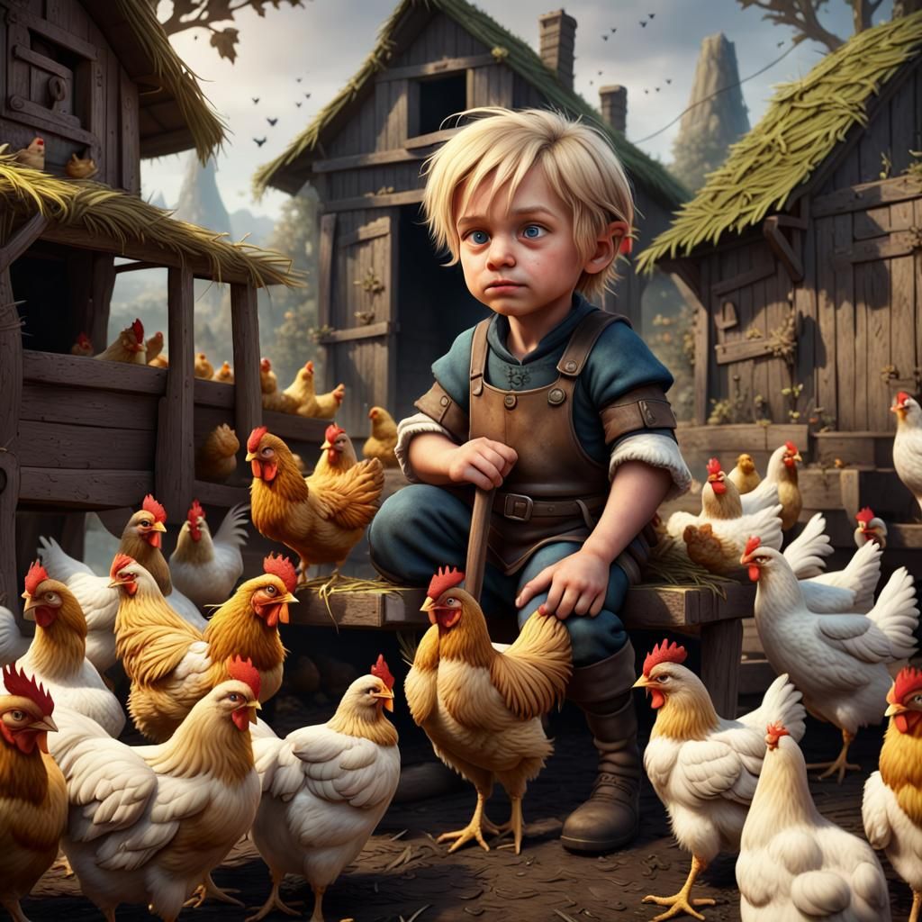 Halfling Farmer Surrounded by Chickens: Fantasy Art