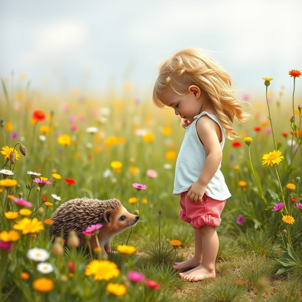 Girl and Hedgehog in Whimsical Style