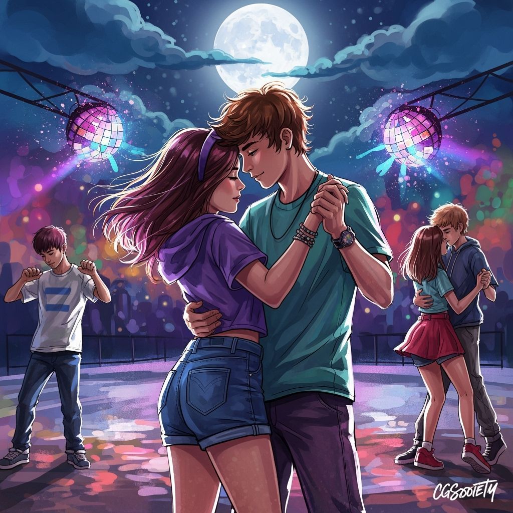 Teenagers Dancing Under Full Moon in Graffiti Art Style