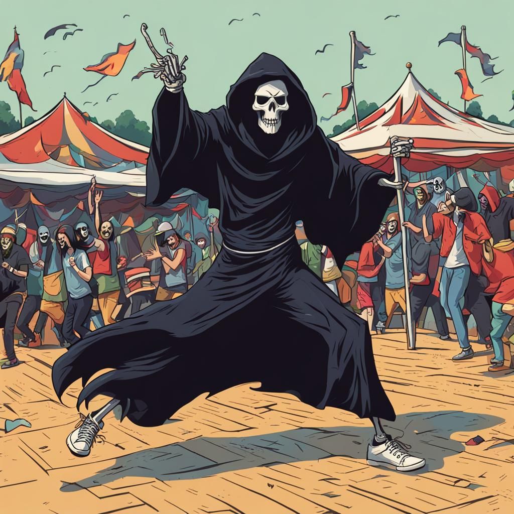 Grim reaper dancing at a music festival