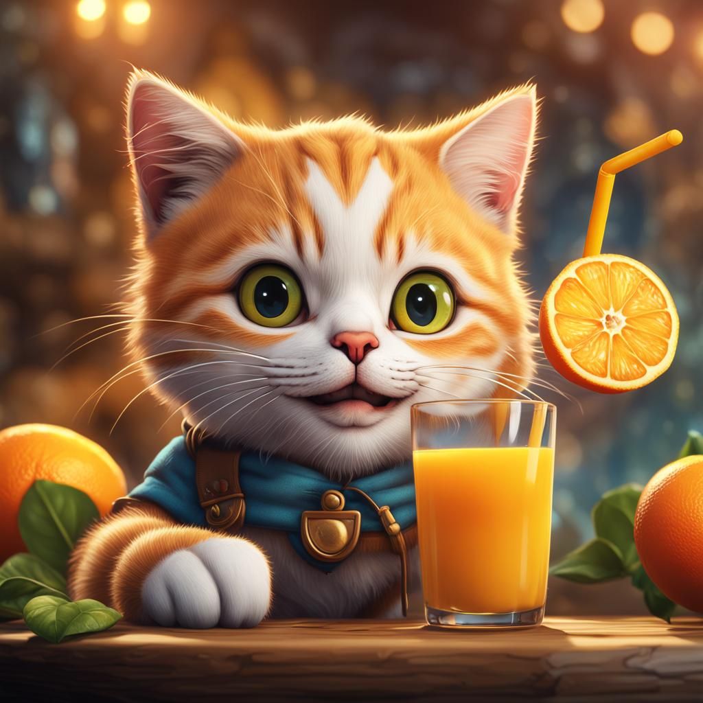 Small Cat Drinks Orange Juice: Detailed Digital Art