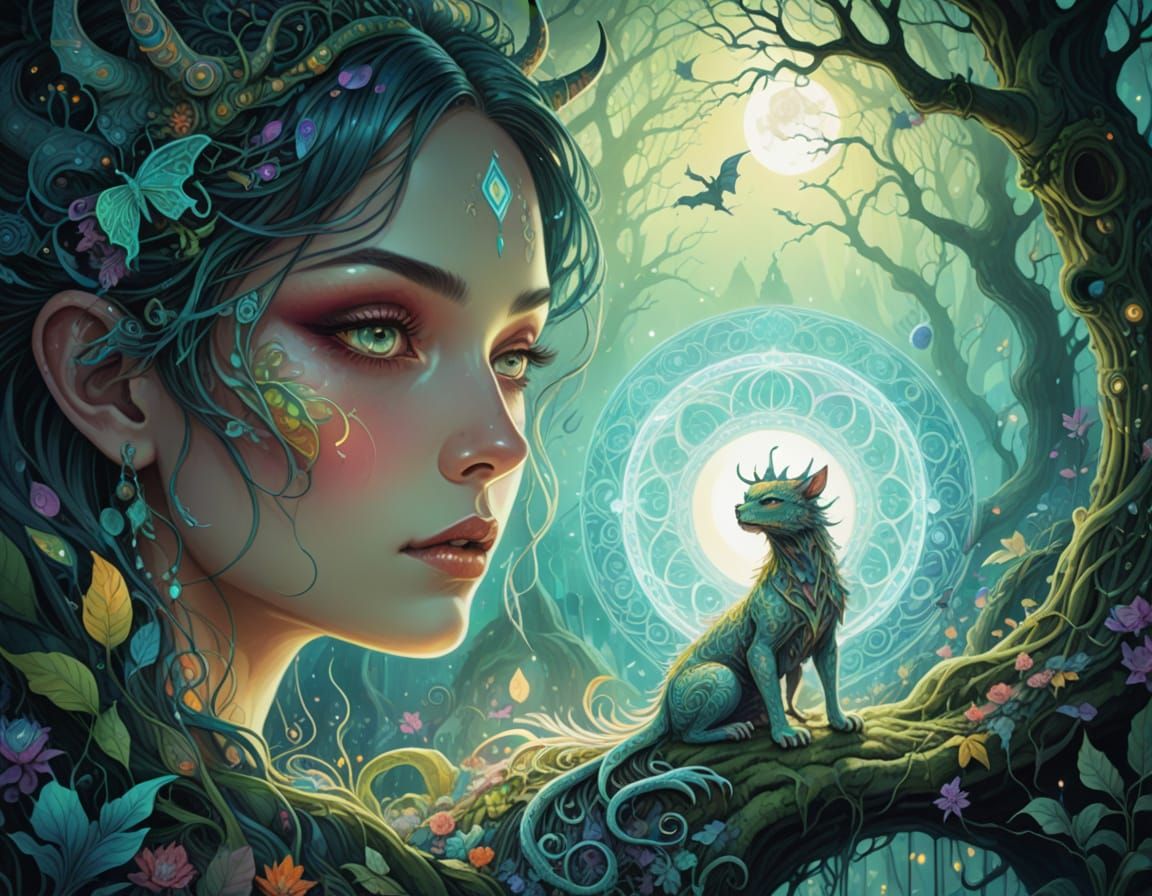 Psychedelic Animal Demon Painting With Ornate Line Art