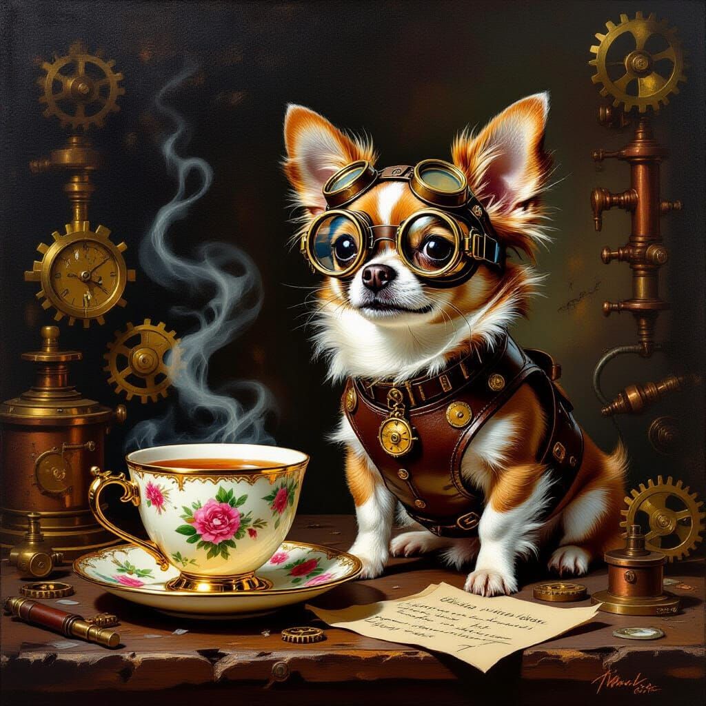 Steampunk Chihuahua with Tea Cup on Workbench