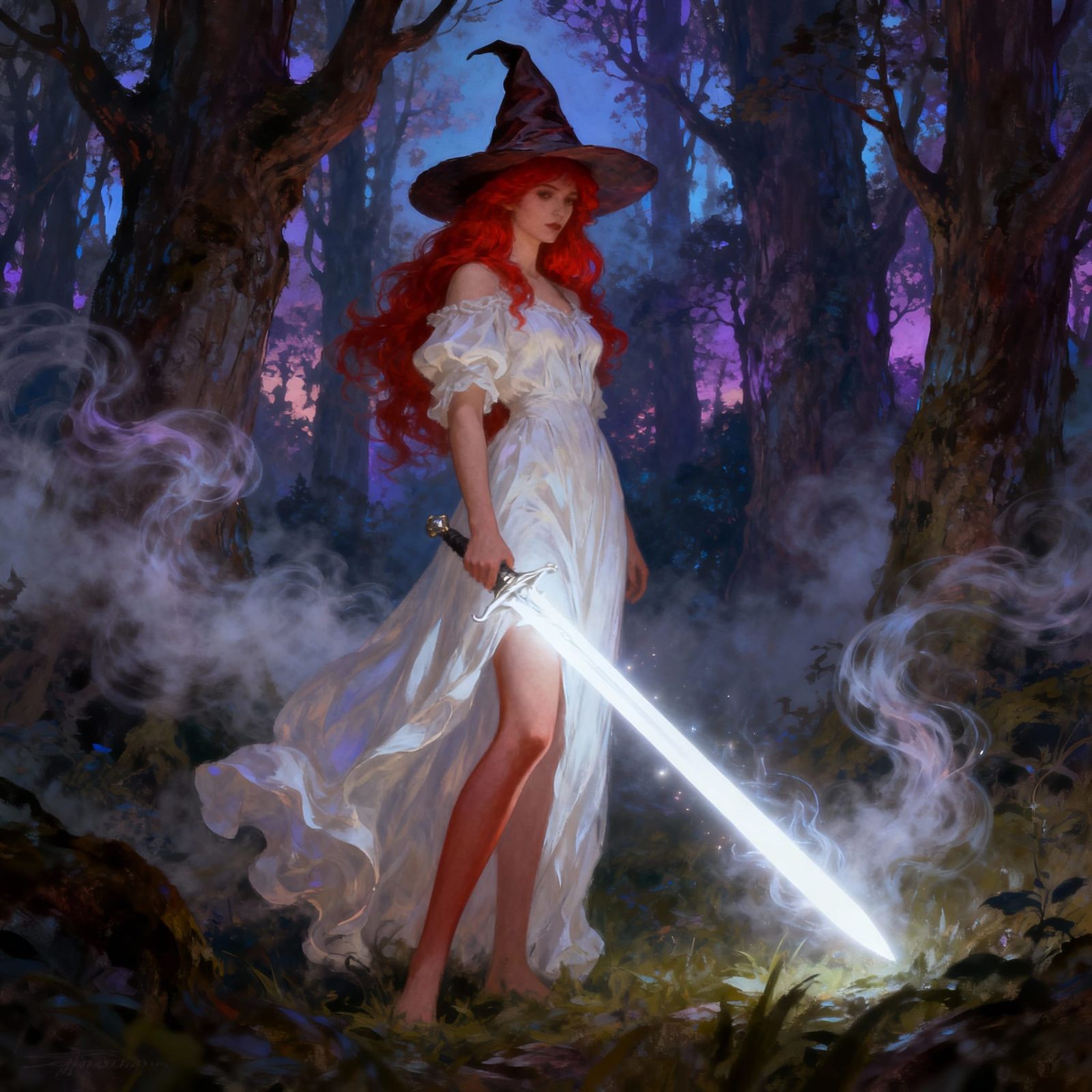Red-Haired Witch with Magical Sword in Mystical Forest
