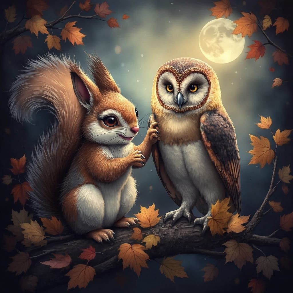 Squirrel and Barn Owl Unite in Autumn Harmony