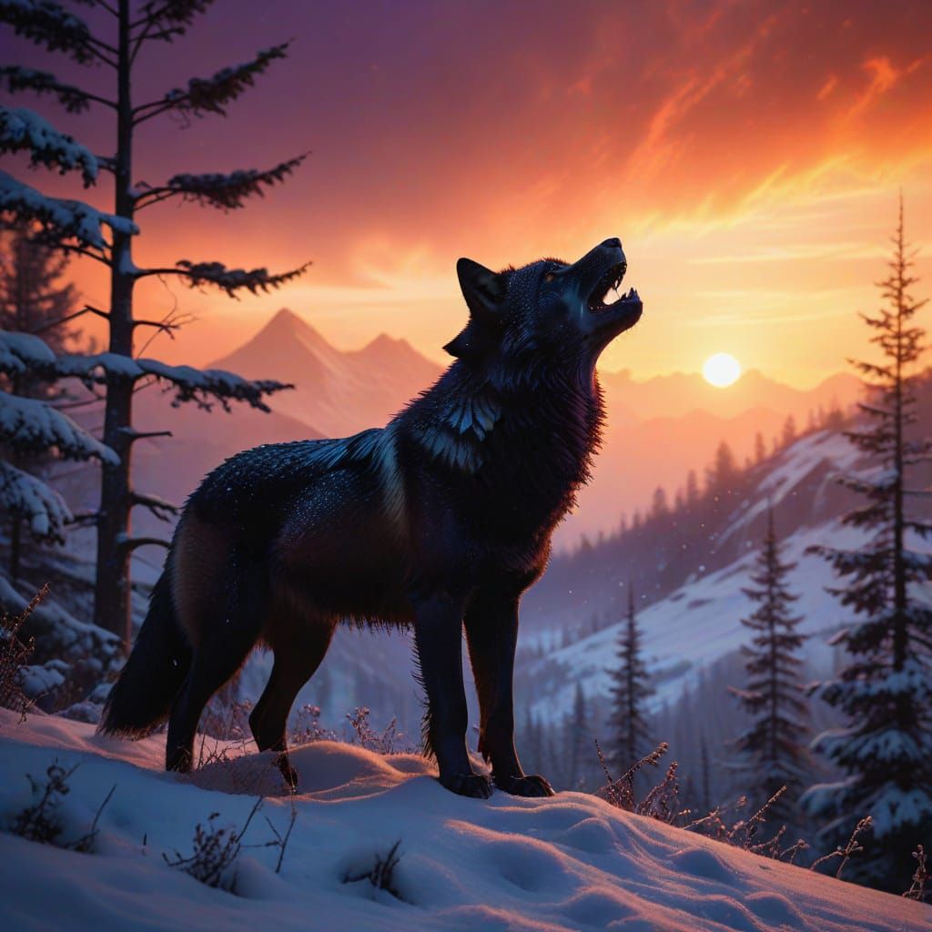 Wolf Howling at Vibrant Sunset on Snowy Mountain